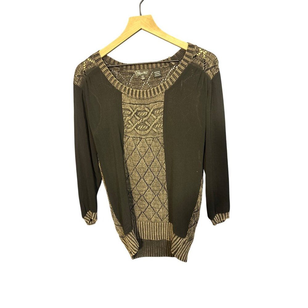 Miss‎ Me Womens Knit Sweater Black Beige Diamond Pattern Sheer Sleeves Size L